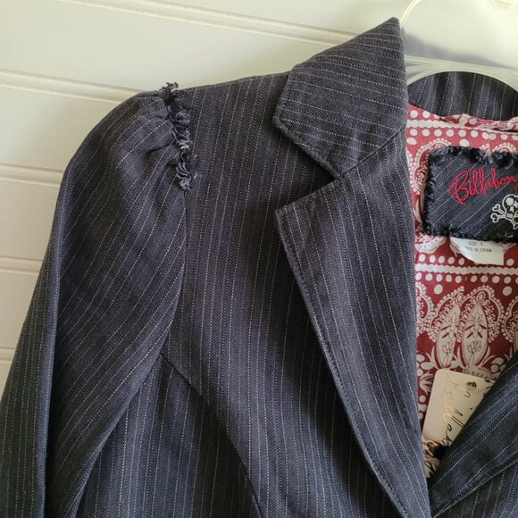 Billabong Denim Blazer Womens Small Black Pinstripe Patch Crest Academia Preppy - Picture 2 of 16